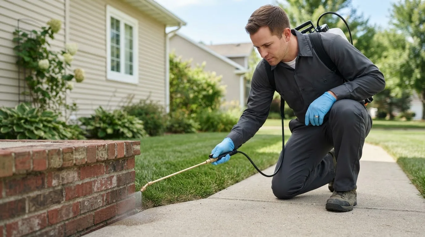 Pest control technician treating a home near Waterford, ME